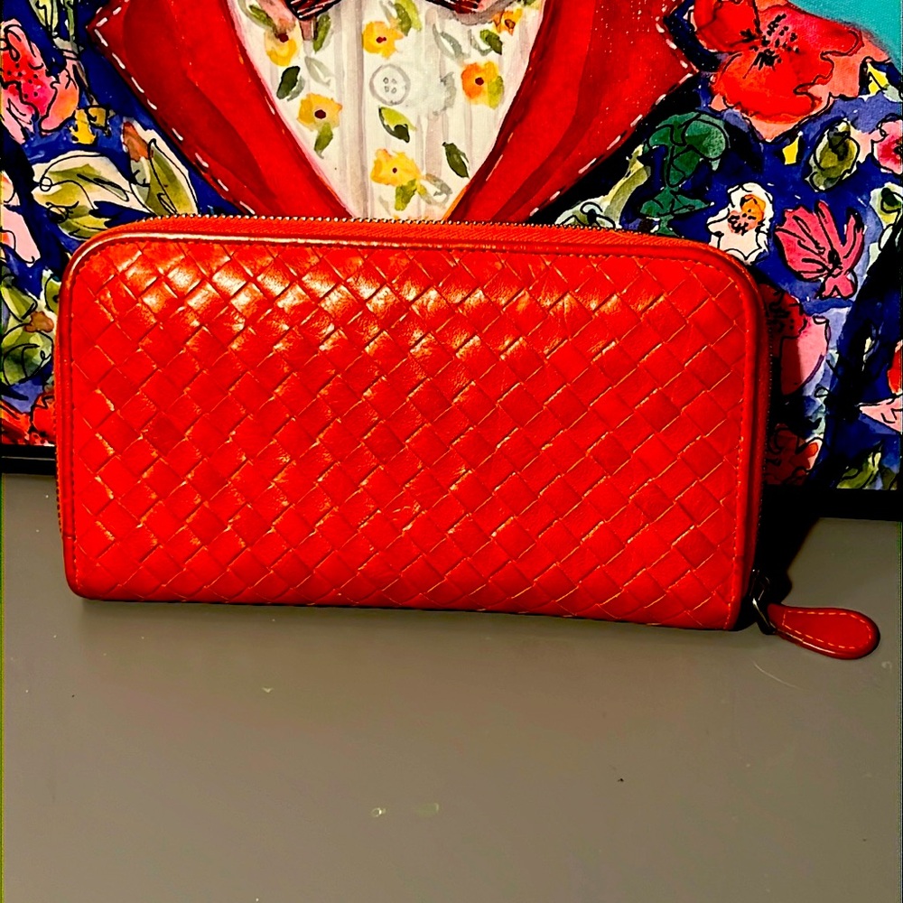 Bottega Venetta Intrecciato Red Leather Zip Around Wallet